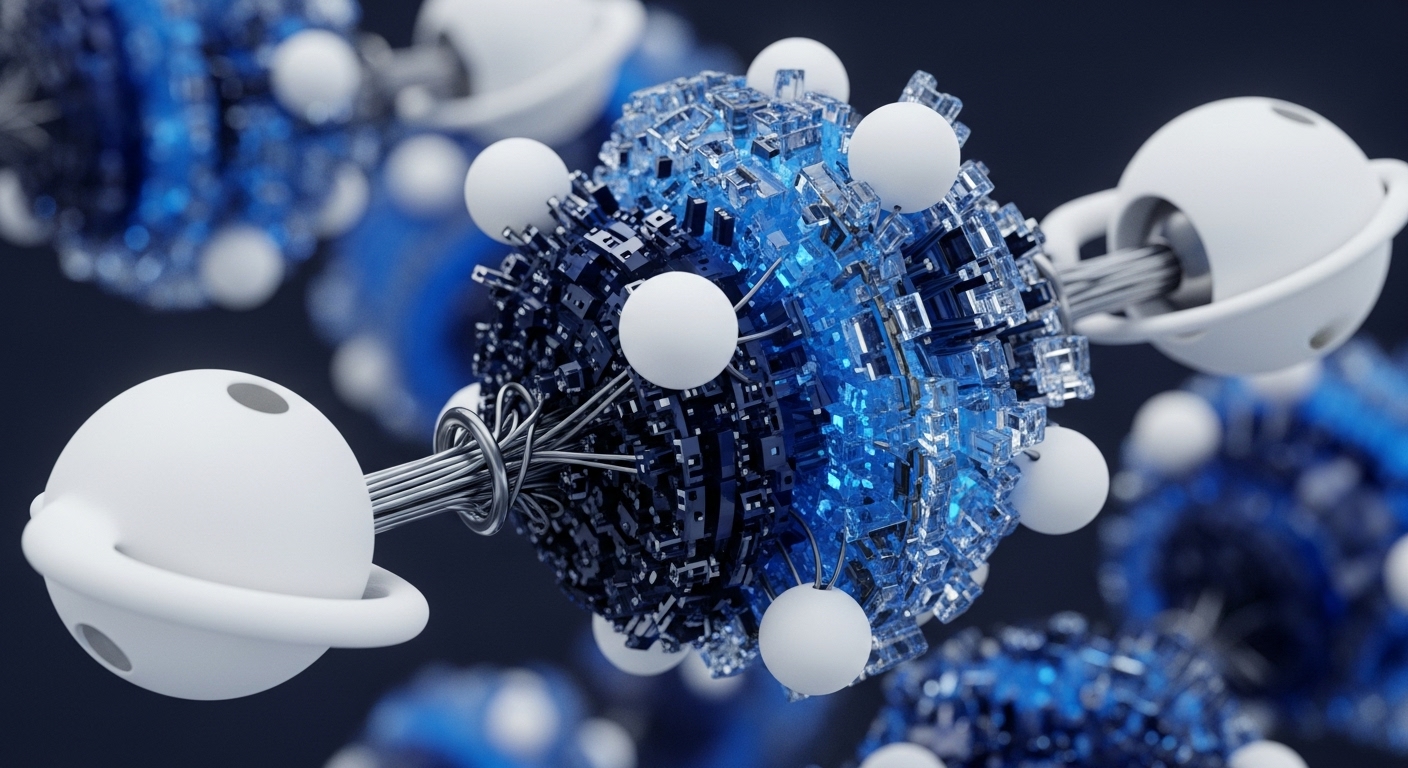 The image displays interconnected abstract spherical structures against a dark background. Large central spheres are textured with numerous small, glowing blue and dark cubic blocks, while smaller, smooth white spheres with rings or indentations are linked by bundles of silver wires