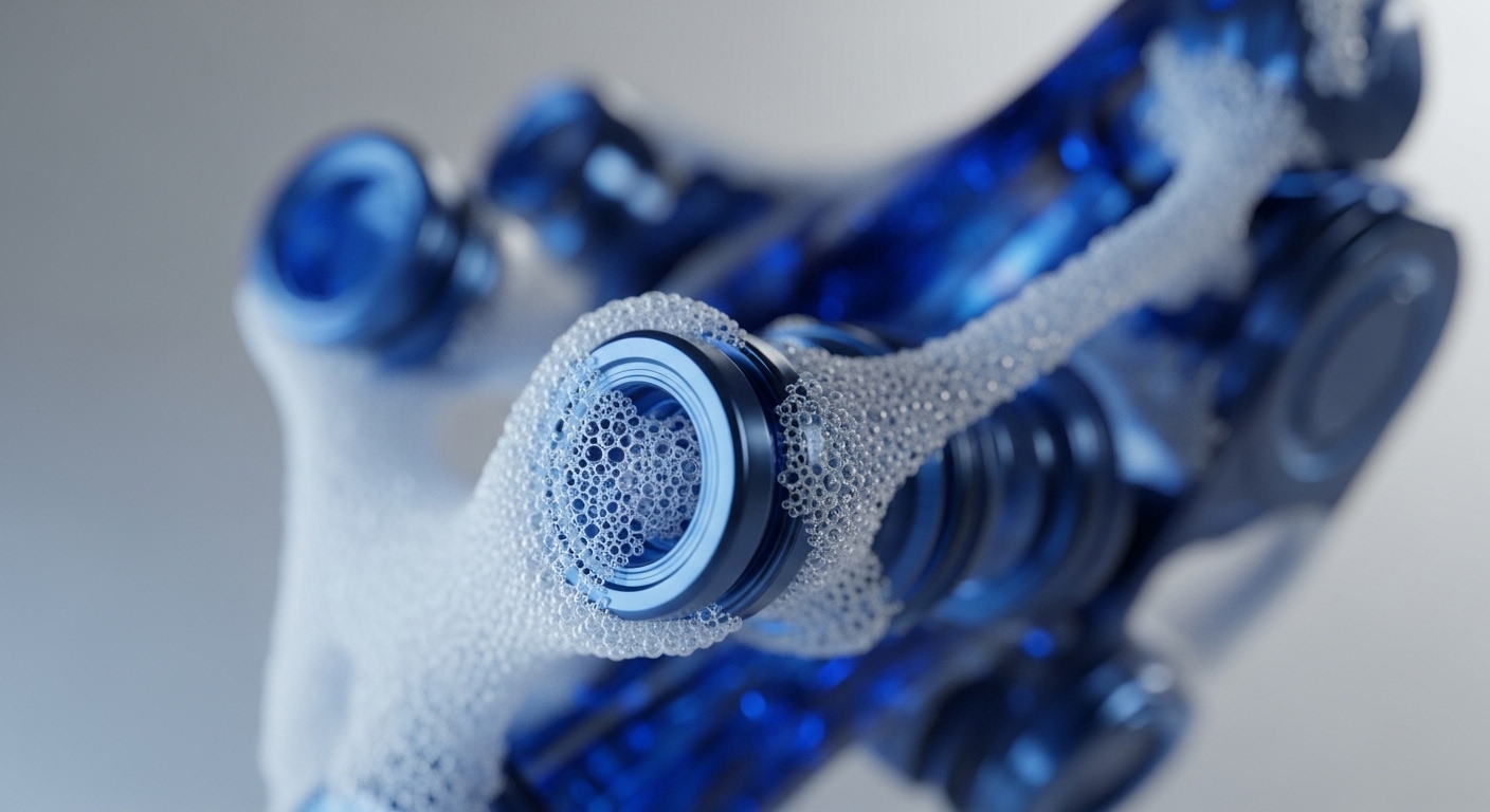 A detailed macro perspective reveals polished blue cylindrical and ring-like structures, partially submerged in a dense, effervescent layer of white bubbles. The interplay of smooth, reflective surfaces and the intricate, bubbly texture creates a dynamic visual, suggesting a complex process