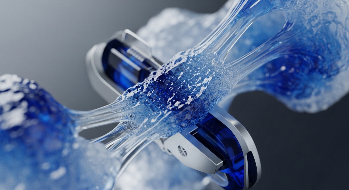 Sleek, interconnected metallic structures are enveloped by a vibrant, translucent blue fluid exhibiting dynamic motion and fine particulate matter. The fluid appears to stretch and connect these components, suggesting a continuous, energetic process