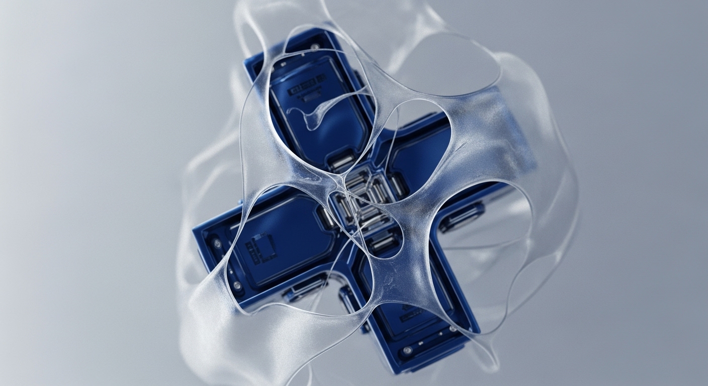 A central formation of four dark blue, rectangular modules, suggestive of blockchain nodes or processing units, are intricately arranged in a cross-like configuration. These robust components exhibit detailed circuitry, implying complex computational processes vital for transaction validation. Encasing and interconnecting these units is a translucent, organic, web-like structure, visually representing a distributed ledger network topology or a consensus algorithm in action. This ethereal network highlights the dynamic flow of data and the interoperability protocols facilitating secure, decentralized operations within a Web3 infrastructure. The composition evokes a sense of advanced, self-organizing digital mechanisms.