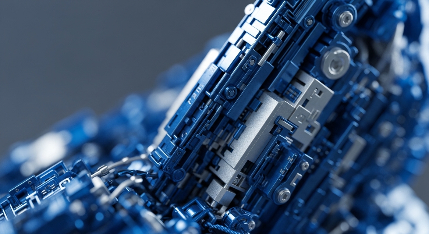 The image presents a detailed, close-up perspective of interconnected blue and silver components, forming a complex, high-tech mechanical or digital system. Intricate blue structures serve as a primary framework, with lighter silver elements integrated throughout, showcasing precision in design