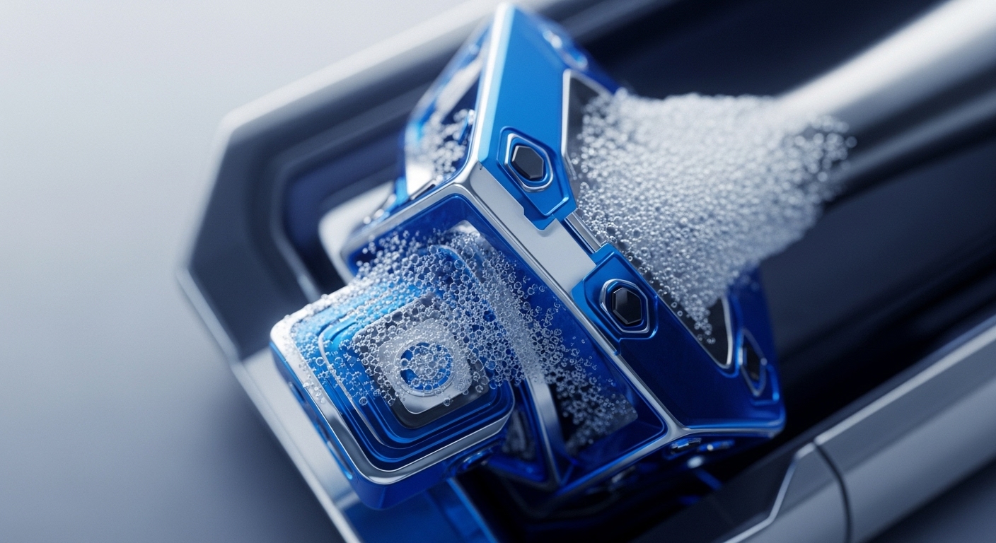 A sophisticated, modular blue and silver mechanism is depicted, densely enveloped by countless small, translucent spherical particles that appear to be in motion. The central structure features prominent hexagonal elements and a sleek, industrial design, with a stream of particles entering and exiting various components