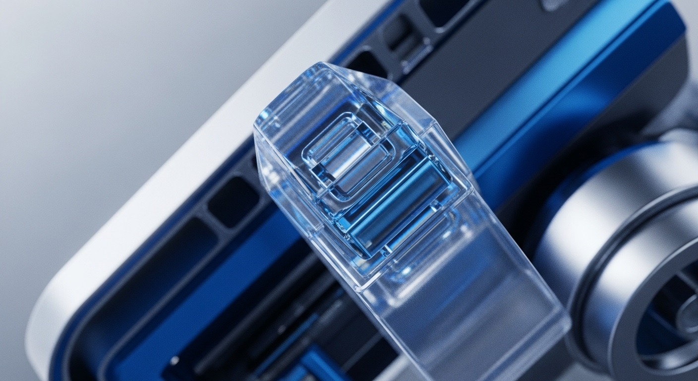 A high-resolution close-up showcases a clear, transparent component featuring intricate internal blue structures, seamlessly integrated with a broader system of dark blue and metallic elements. The component is angled, highlighting its detailed design and the reflective qualities of its materials