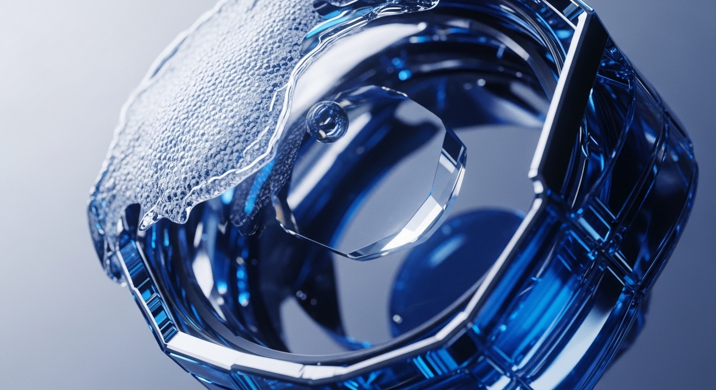 A striking composition features a textured, translucent surface merging into a complex, faceted blue and clear crystalline structure. The intricate design showcases transparent geometric forms and reflective surfaces, highlighting depth and precision in its abstract representation