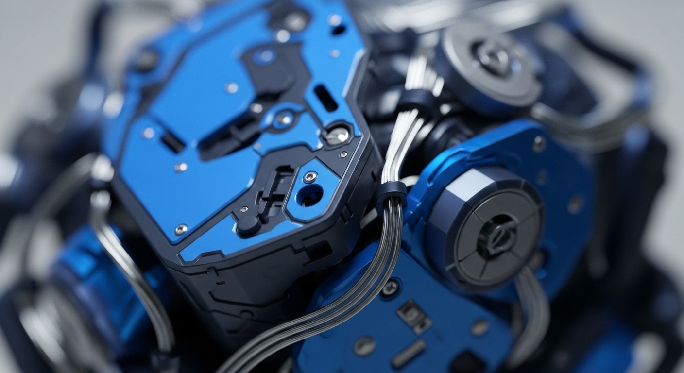A detailed, sharp-focus perspective captures a complex mechanical device, featuring interconnected blue and dark grey modular components. Silver-colored wires are neatly routed between these panels, which are secured with visible metallic fasteners