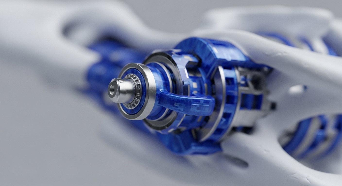 A detailed close-up reveals a complex mechanical assembly featuring translucent blue components and polished silver elements encased within a smooth, white, skeletal-like structure. The central focus is on a metallic shaft with a visible bearing, surrounded by intricate blue gears and structural supports, extending into a blurred background