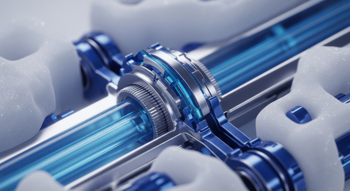 A close-up view reveals a complex mechanical assembly featuring a central transparent tube emitting a vibrant blue glow, flanked by intricate metallic gears and support structures. The entire mechanism is partially encased in soft, white, textured material