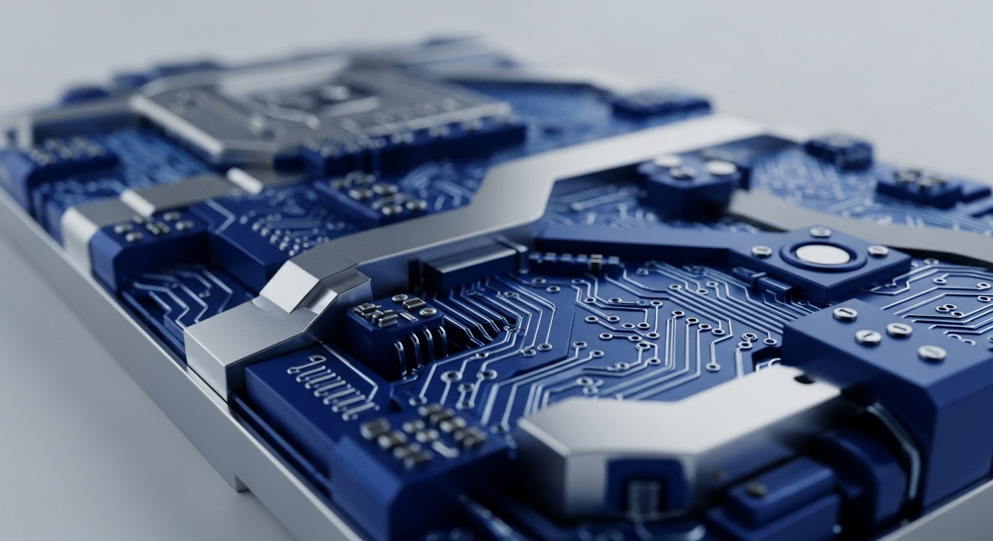 The image displays a detailed, close-up perspective of a blue circuit board featuring numerous silver metallic components and intricate white traces. The shallow depth of field highlights the foreground's complex electronic pathways