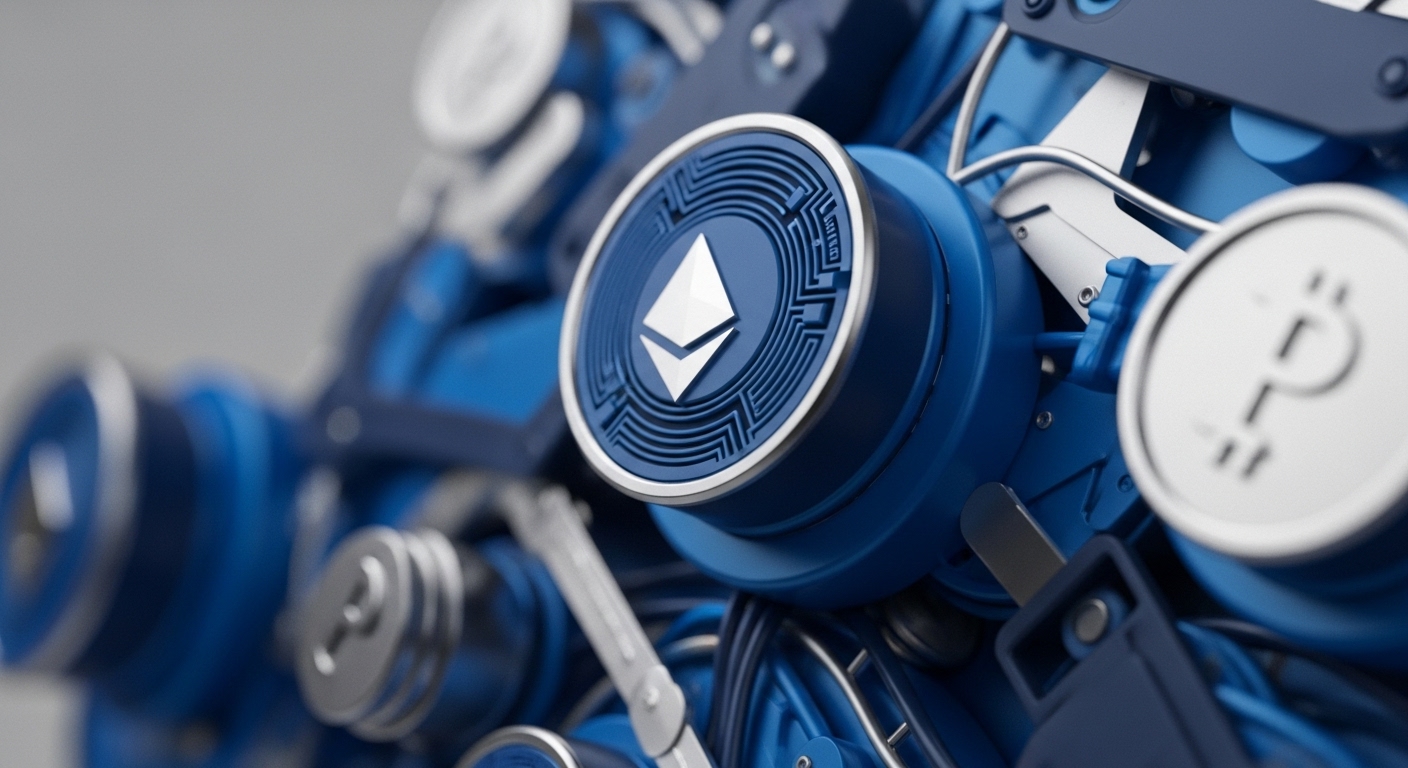 The image presents a detailed view of blue and silver mechanical components, with a sharp focus on a circular emblem featuring the Ethereum logo. A blurred silver coin with the Bitcoin symbol is visible in the foreground to the right, amidst a complex arrangement of parts