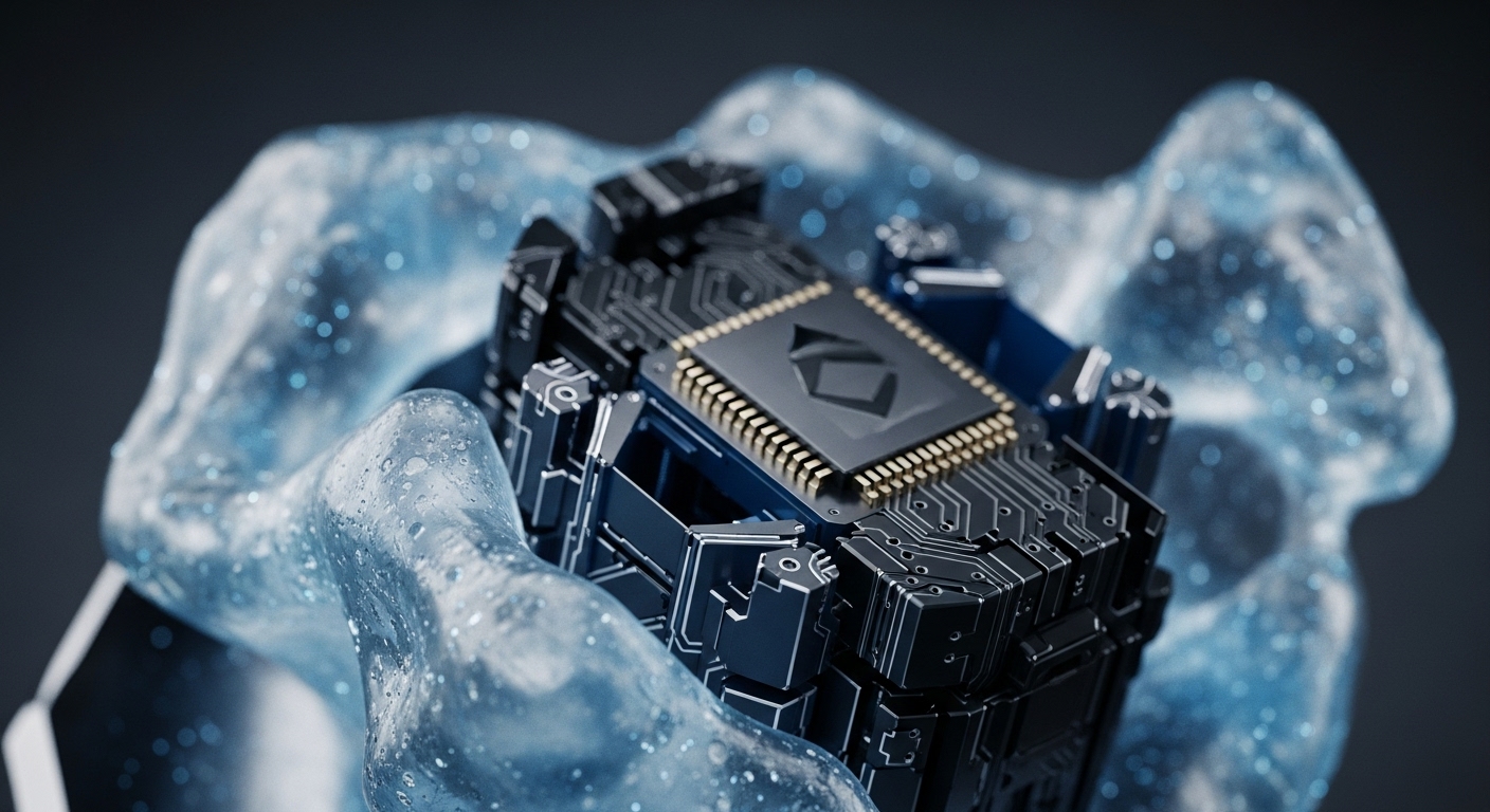 A dark, rectangular processing unit, adorned with a distinctive Ethereum-like logo on its central chip and surrounded by intricate gold-plated pins, is depicted. This advanced hardware is partially encased in a translucent, icy blue substance, featuring small luminous particles and condensation, suggesting a state of extreme cooling