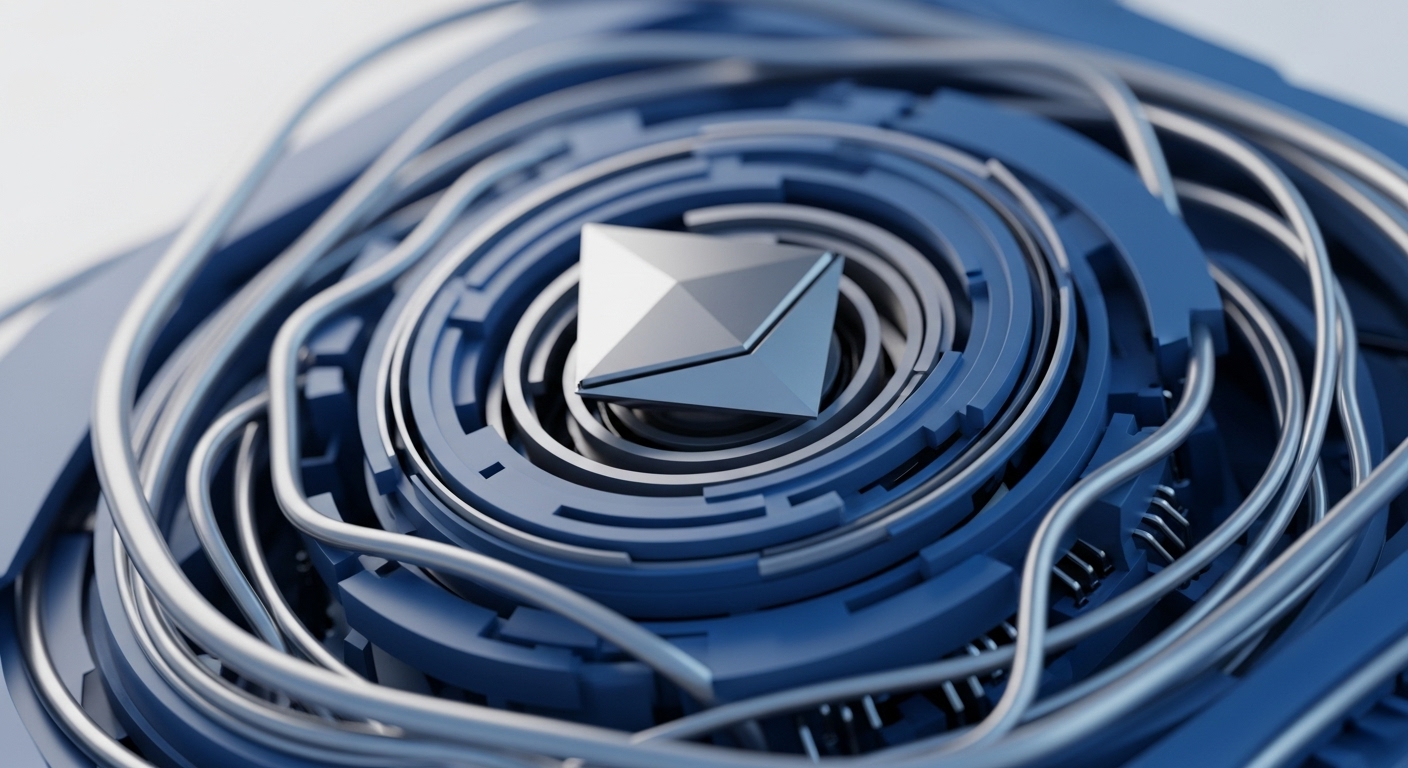 A stylized Ethereum logo, rendered in polished silver, is prominently displayed within a series of concentric blue rings and interconnected metallic pathways. This abstract representation evokes the intricate architecture of blockchain technology, specifically the Ethereum network
