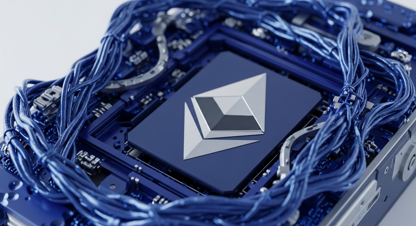 The Ethereum logo is prominently displayed on a detailed blue circuit board, enveloped by a complex arrangement of blue wires. This imagery illustrates the sophisticated infrastructure of the Ethereum blockchain, emphasizing its decentralized nature and interconnected systems