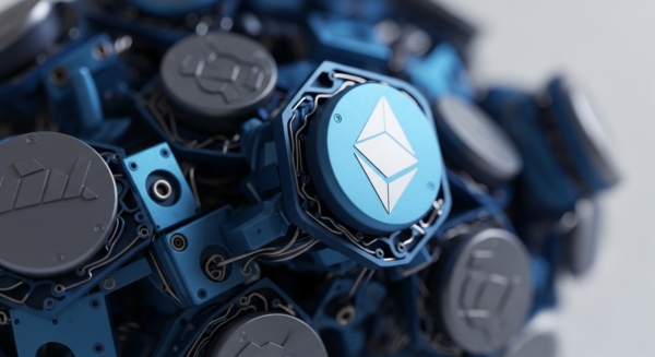 A close-up view reveals interconnected blue modular components, resembling a sophisticated hardware array. Central to the composition is a prominent light blue disc featuring the white Ethereum logo, suggesting a Proof-of-Stake PoS validator node. Surrounding elements include intricate wiring and other grey metallic discs, potentially representing diverse blockchain architecture or layer-2 scaling solutions. This intricate assembly visualizes the complex decentralized network infrastructure essential for Ethereum sharding and overall protocol interoperability. The design emphasizes robust consensus mechanism hardware.