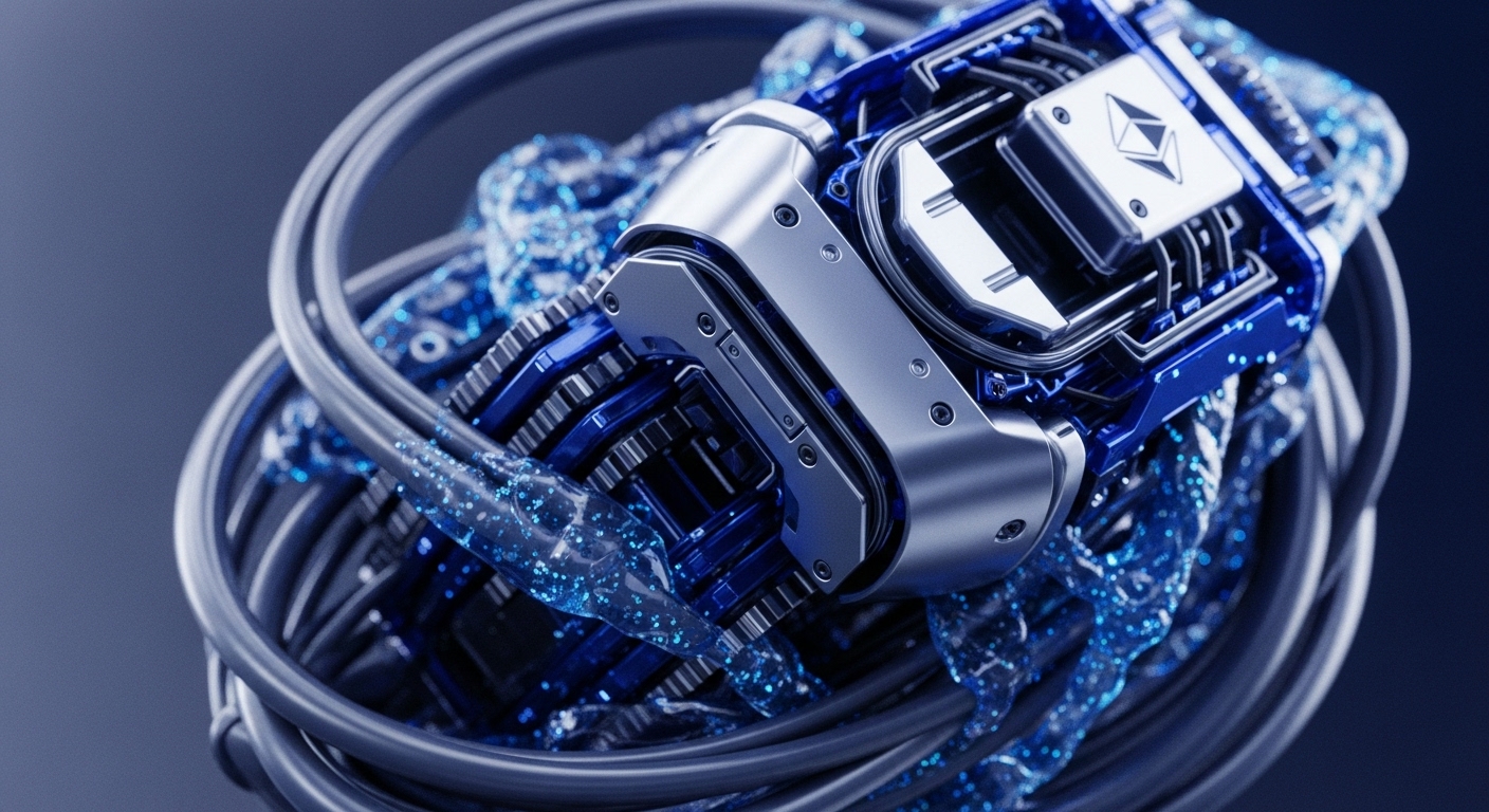 A close-up view reveals a sophisticated metallic device, intricately connected to luminous blue crystalline structures and dark grey cables. The central component features a distinct Ethereum logo, signifying its role within the blockchain ecosystem