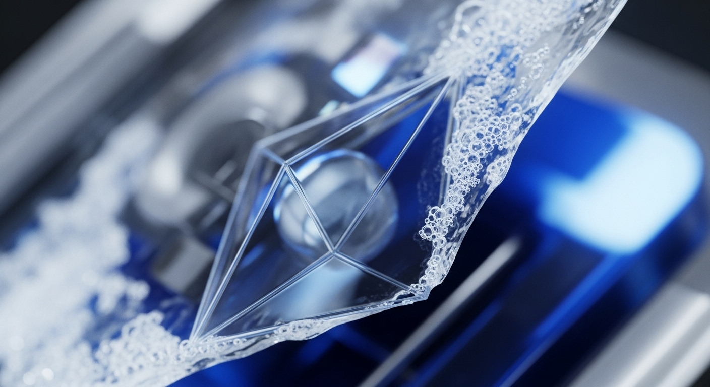 A transparent, multi-faceted geometric structure, resembling a block or node, is depicted partially immersed in a flowing stream of liquid with numerous bubbles. The composition highlights the interaction between the precise digital architecture and the dynamic, effervescent medium