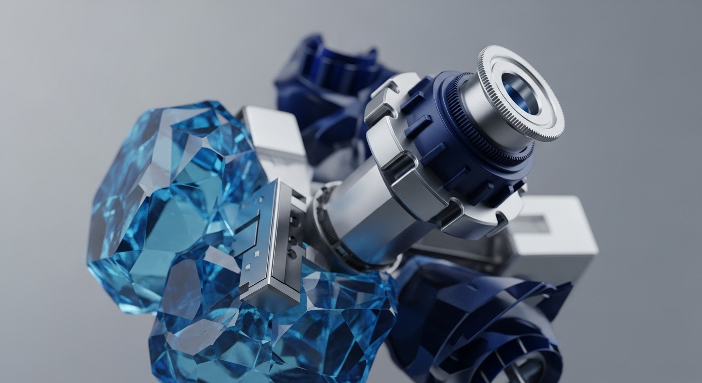 The image displays a detailed close-up of an abstract, futuristic mechanism composed of large, faceted blue crystal forms integrated with intricate silver and dark blue metallic components. Prominent features include gear-like elements and smooth, angular structures against a neutral grey background