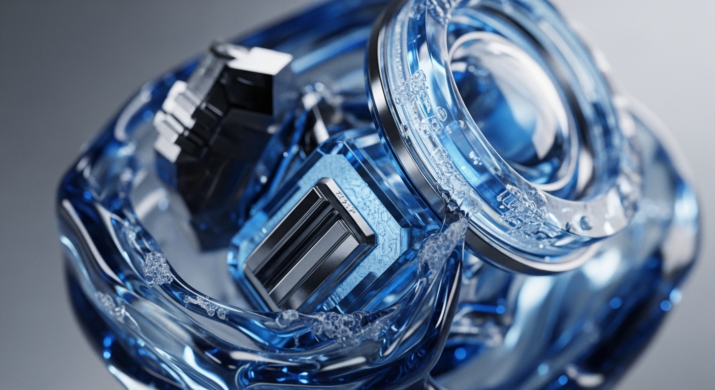 The image presents a complex interplay of translucent blue liquid and metallic structures, featuring a central block with intricate patterns and a prominent concentric ring element. Small, bubble-like formations are visible within the flowing blue substance, suggesting dynamic processes