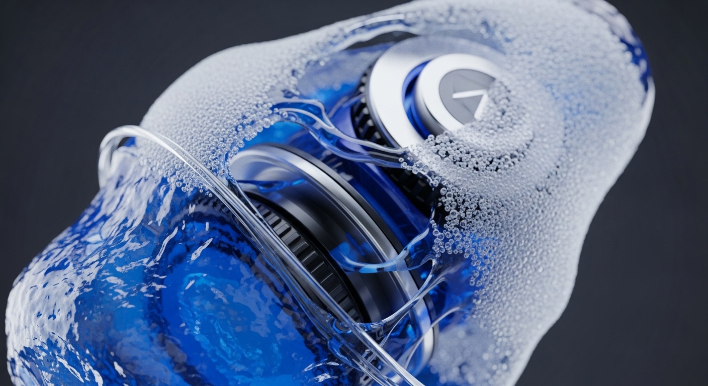 Transparent blue liquid, filled with countless tiny bubbles, envelops and flows around intricate metallic components, including visible gears and a central element marked with a distinct arrow symbol. The dynamic composition features clear tubing guiding the fluid, set against a dark, undefined background
