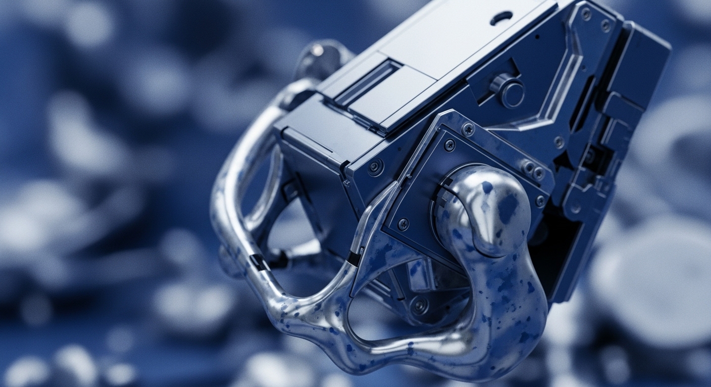 A detailed, metallic object with a complex, mechanical design is presented in a close-up, angled perspective, bathed in blue and silver tones. The intricate construction, featuring interlocking plates and visible fasteners, evokes a sense of advanced technological integration