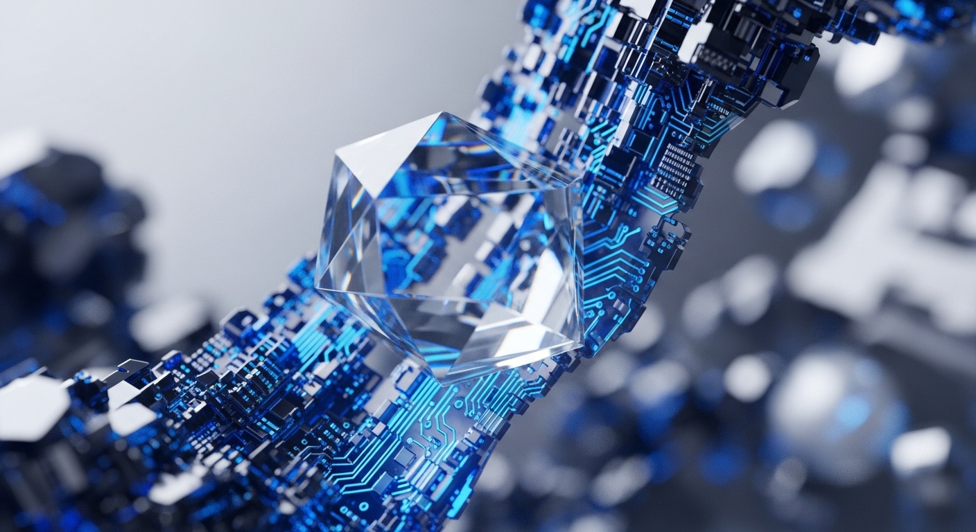 A clear, geometric crystal, possibly representing a digital asset or token, is intricately positioned within a vibrant, glowing blue circuit board. This visual metaphor explores the foundational elements of cryptocurrency and blockchain technology