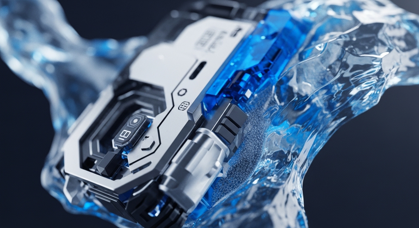 A detailed close-up reveals a high-tech, silver and black electronic device with translucent blue internal components, partially submerged in a clear, flowing, icy-blue liquid or gel, which exhibits fine textures and light reflections. The device features a small digital display showing the number '18' alongside a circular icon, emphasizing its operational status