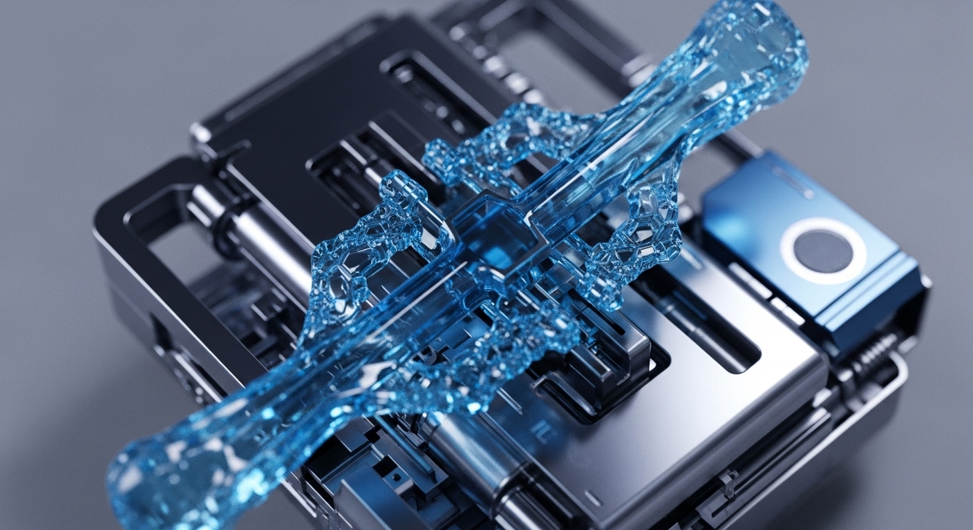 A luminous blue, fluid-like key with hexagonal patterns is prominently displayed over a complex metallic device. To the right, a blue module with a circular sensor is visible, suggesting advanced security features
