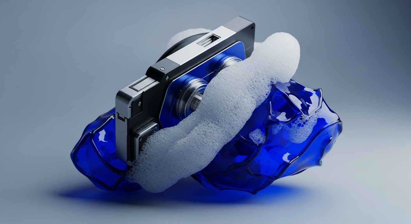 A sleek, metallic, camera-like hardware wallet is depicted partially immersed in a vibrant, translucent blue, irregularly shaped liquidity pool. White, frothy bubbles, symbolizing gas optimization and transaction finality, envelop sections of the device and the fluid. This visual metaphor encapsulates the intricate interaction of secure distributed ledger technology DLT infrastructure with dynamic DeFi protocols, highlighting the complex processes within a liquid staking derivatives LSDs environment. The composition emphasizes both technological robustness and the fluid nature of on-chain operations.