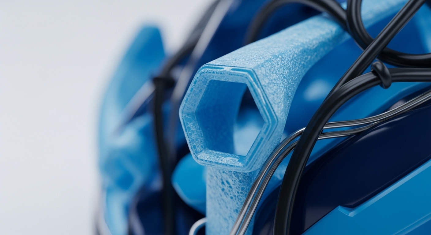 A detailed macro shot focuses on a blue, textured hexagonal conduit, a central structural component. Black cables, resembling data conduits or network pathways, are intricately arranged around it