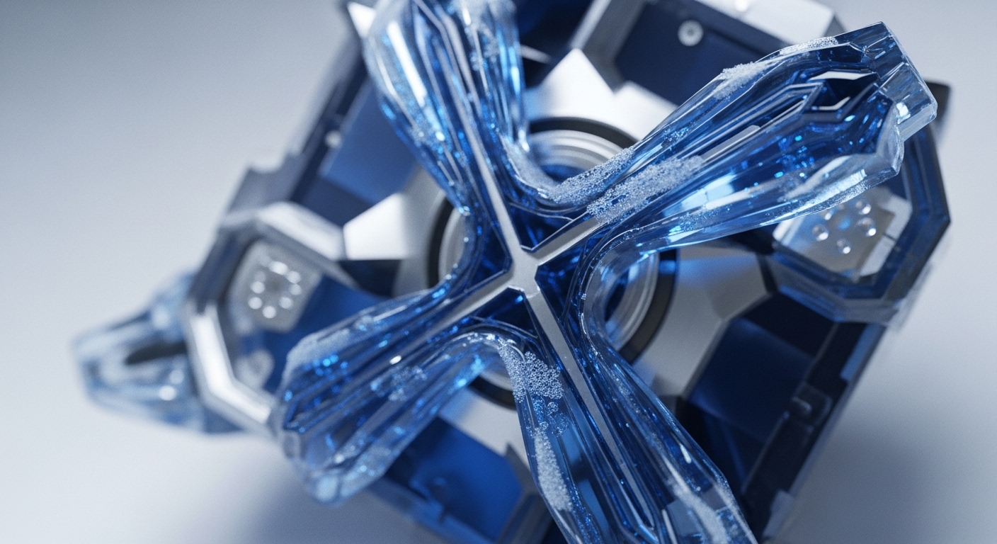A close-up view reveals a highly detailed, futuristic device featuring a central blue, translucent crystalline structure with a frosty texture. This intricate mechanism is housed within dark blue and silver metallic components, emphasizing its engineered complexity and high-tech aesthetic
