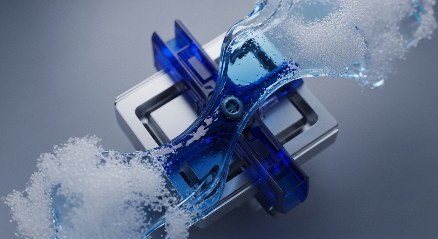 A blue translucent fluid flows dynamically around a metallic, block-like structure and a central cross-shaped component. The fluid creates splashes and numerous small bubbles as it moves across the surface