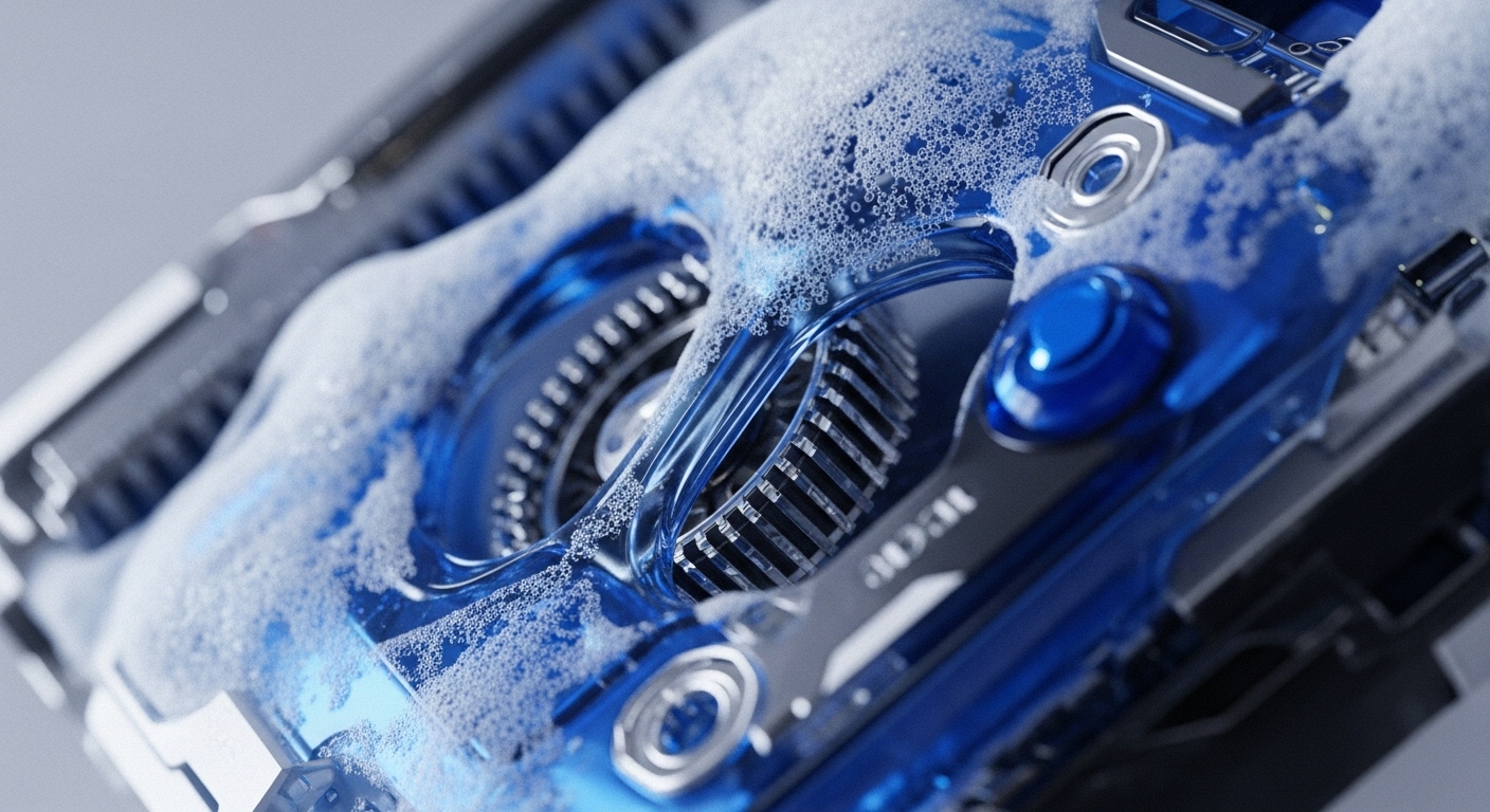 A close-up view displays an advanced mechanical device, featuring translucent blue casing, metallic components, and visible internal gears, all partially submerged and covered in white foamy bubbles. The intricate design highlights precision engineering, with heat sink-like fins and a prominent circular button, suggesting a high-tech piece of machinery