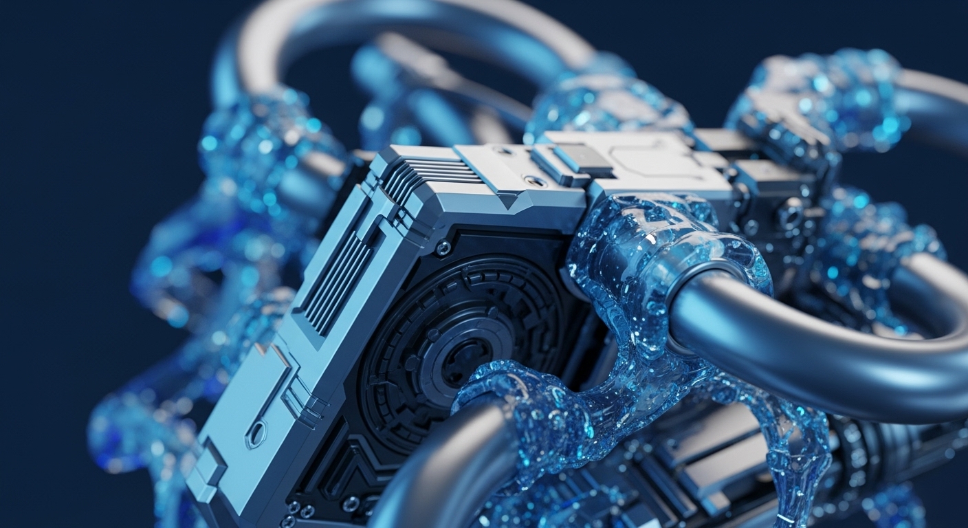The image displays a detailed view of a futuristic mechanical system, featuring metallic structures intertwined with vibrant, glowing blue liquid. This intricate assembly suggests a high-performance blockchain node or a segment of decentralized infrastructure, where the flowing blue substance symbolizes dynamic data streams and efficient computational cooling