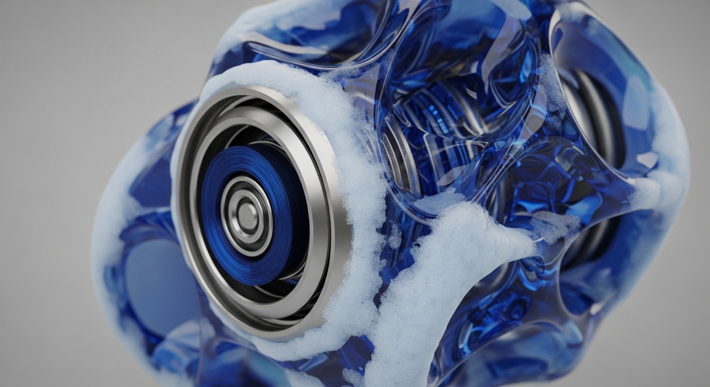 A translucent blue, organically shaped structure is partially covered with white, frosty material, showcasing intricate internal patterns. A metallic, multi-ringed component, housing a vibrant blue core, is prominently featured on the left side of the structure