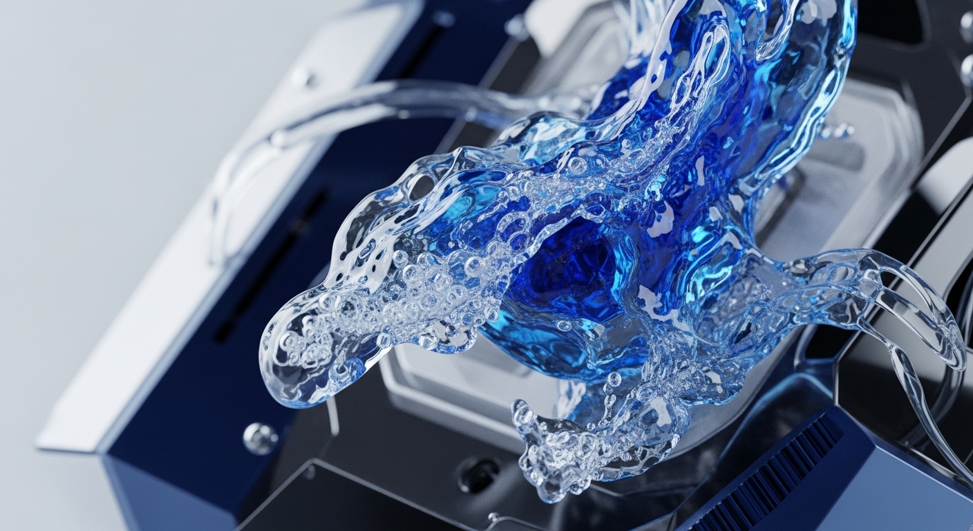 Vibrant blue and clear liquid dynamically splashes across dark, reflective metallic and matte surfaces, highlighting intricate fluid interactions. The scene features various hardware components, including vents and polished panels, set against a light background