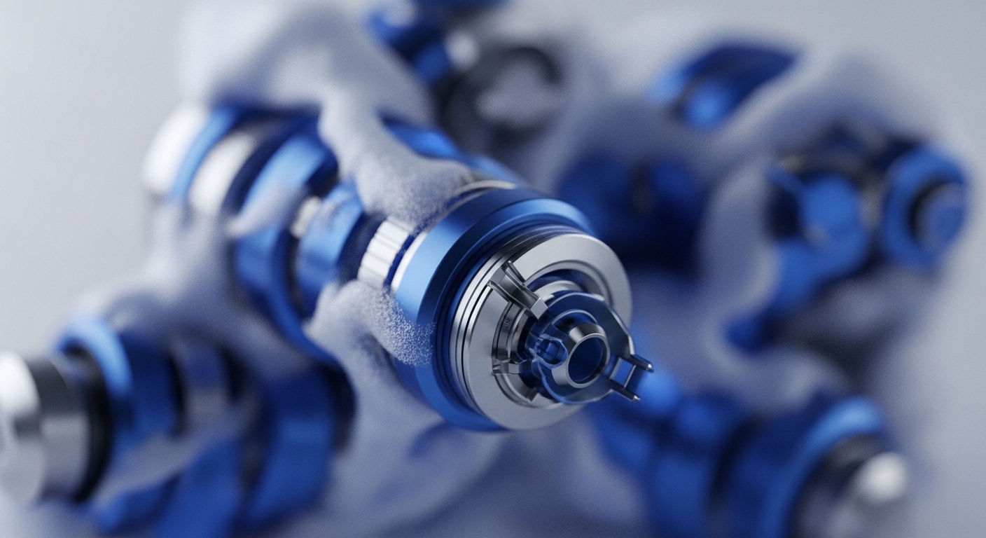 The image displays multiple metallic, cylindrical components, primarily in a vibrant blue hue with silver and chrome accents, arranged in a dynamic, interconnected configuration. The central component is in sharp focus, revealing intricate details like grooves, rings, and a complex end-piece with small prongs, while a fine, granular white substance partially covers the surfaces