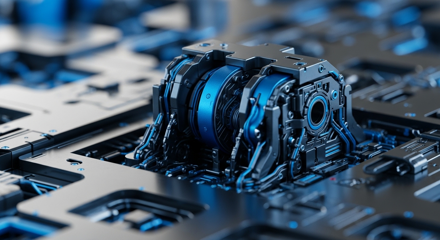A detailed perspective reveals a complex, dark metallic core component, prominently featuring a central blue cylindrical element and extensive blue glowing circuitry. This intricate piece is mounted on a larger, grey metallic base, suggesting a sophisticated technological system