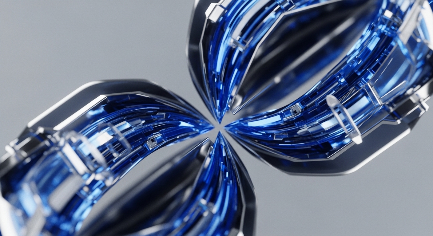The image displays an abstract, symmetrical arrangement of four metallic and blue translucent structures radiating from a central point. Each segment features multiple parallel blue elements encased within silver-toned frames, creating intricate, interconnected pathways