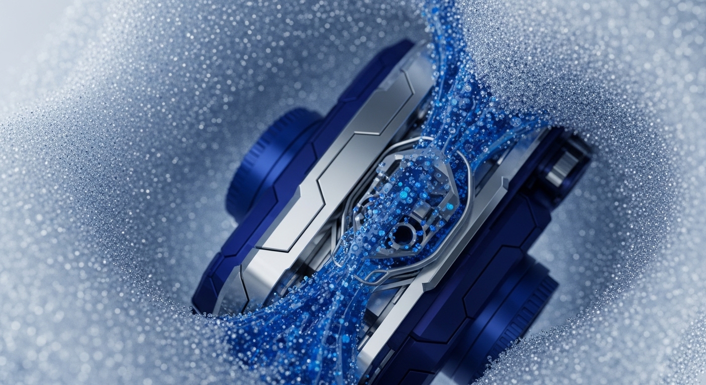 A robust, metallic blue and silver apparatus is partially submerged in a field of fine, sparkling granular particles. A vibrant stream of blue, particle-laden fluid traverses a transparent central channel
