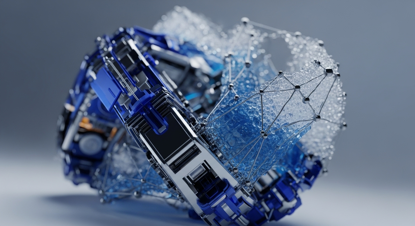 A striking 3D abstract render showcases a dynamic, multi-faceted object, transitioning from a structured, mechanical form on the left to an organic, crystalline network on the right. The left segment features metallic blue and silver components, while the right displays translucent blue and white elements interconnected by a delicate web of silver lines and spheres