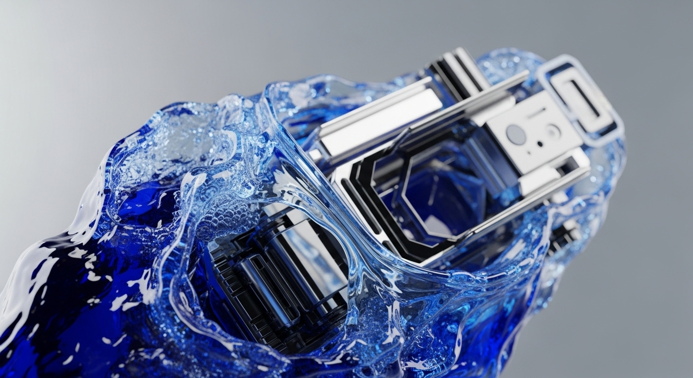 A sophisticated silver and black metallic component, featuring sharp angles and reflective surfaces, is encased within a dynamic torrent of translucent blue liquid. The fluid exhibits vigorous motion, creating splashes and intricate light refractions around the immersed structure, set against a soft gray background