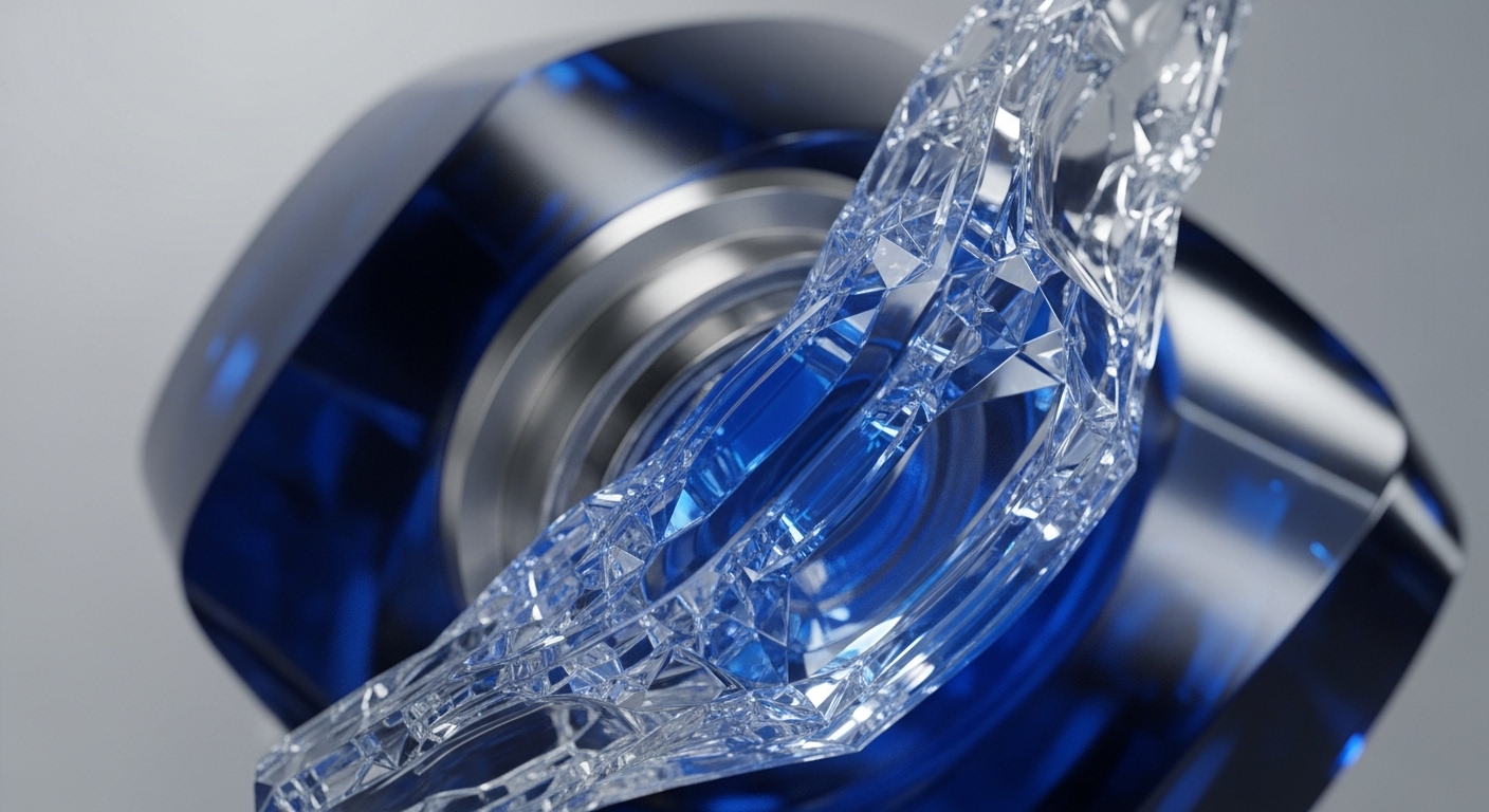 A close-up view reveals a large, dark blue, faceted object with a metallic band, partially enveloped by a transparent, intricately structured crystal formation. The crystal's sharp edges and reflective surfaces create a dynamic interplay of light and shadow, highlighting its complex geometry against the deeper blue background