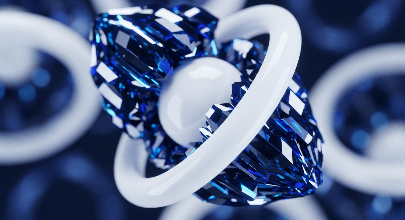 The composition features a central white sphere surrounded by a dynamic cluster of reflective blue faceted crystalline forms, intricately intertwined with two smooth, white, looping structures. The background presents a soft-focus deep blue field, accented by blurred white rings, suggesting depth and a broader context