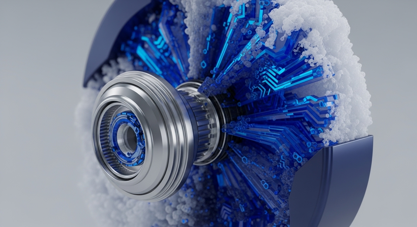 A complex metallic and luminous blue circuit structure, partially covered in granular white snow, dominates the view. A central, polished silver and blue component resembles a network node or validator core, radiating intricate, glowing blue circuit board pathways. These pathways, indicative of blockchain architecture and data immutability, are encrusted with frost, metaphorically representing the "frozen" state of on-chain data after transaction finality. This visual suggests a robust, high-performance consensus mechanism operating within a secure, potentially high-density distributed ledger technology environment, where cryptographic proof is essential for maintaining integrity and security.