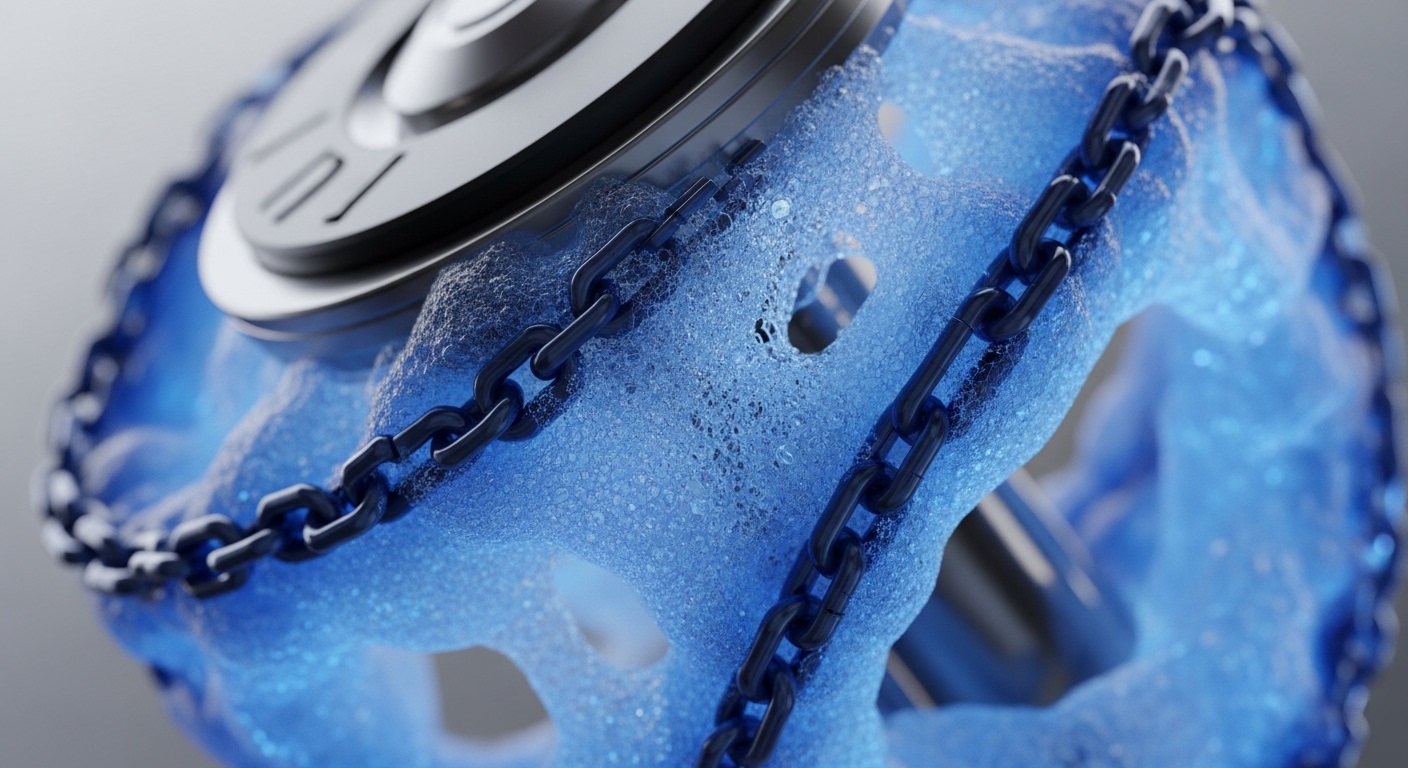A detailed close-up reveals a robust metallic core, emblematic of a foundational blockchain protocol, partially enveloped by a vibrant blue, porous structure. This organic-like material, textured with granular surfaces and subtle translucence, represents a dynamic liquidity pool within a Decentralized Finance DeFi ecosystem. Dark, interlinked chains, symbolizing cryptographic hashing and immutable ledger entries, intricately wrap around both elements, signifying secure on-chain governance and the binding nature of smart contracts within a distributed network.