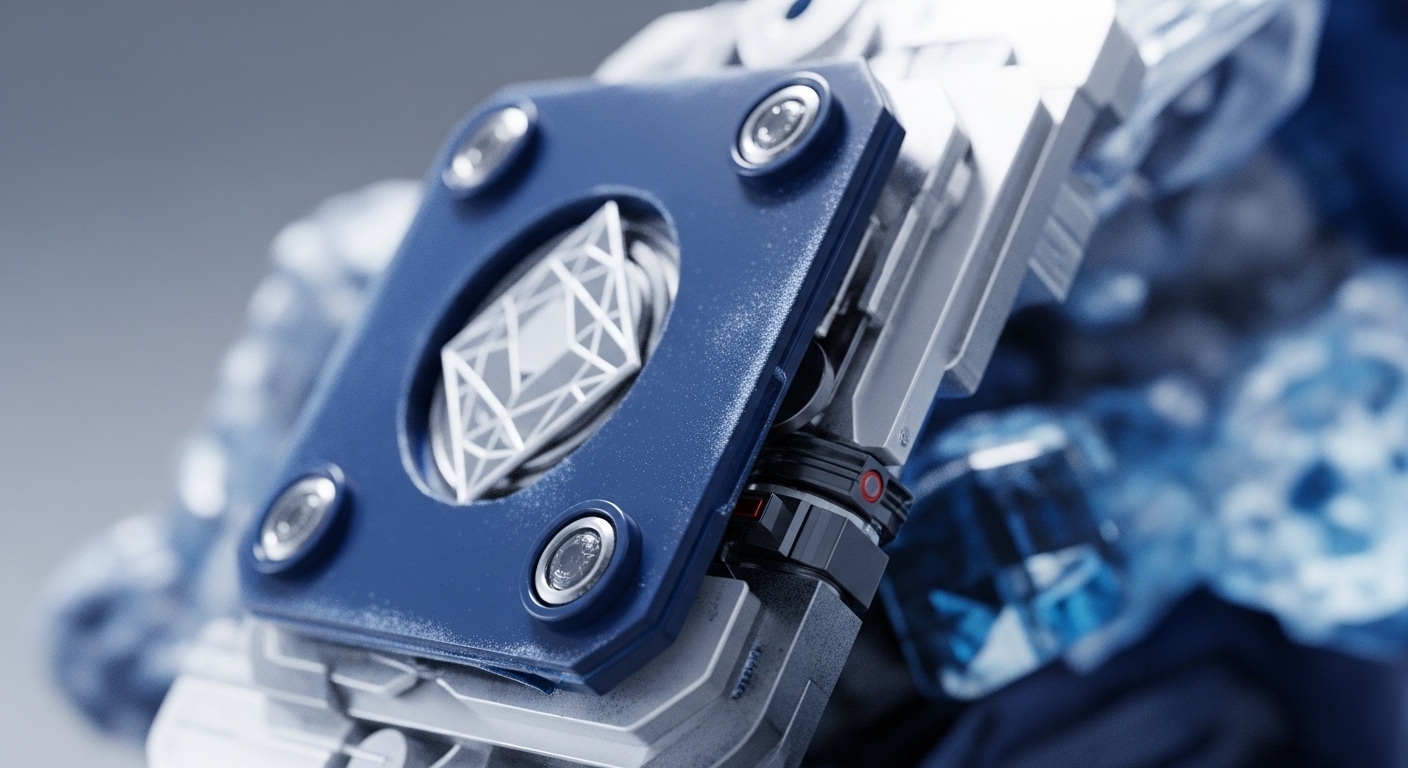 A robust, dark blue module, subtly textured, is secured by metallic fasteners. Centered within a circular aperture, a pristine white wireframe polyhedron, resembling a complex cryptographic primitive, symbolizes core blockchain data structures. Below, layered metallic components suggest computational hardware, possibly an ASIC or a validator node's processing unit. A black cylindrical connector with a red status indicator implies protocol governance or a secure communication channel. The blurred background hints at a distributed ledger environment, reinforcing the concept of a secure, immutable digital asset or a hardware wallet component.