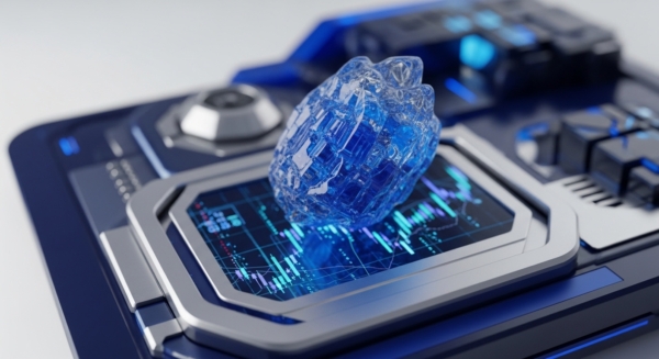A luminous, faceted blue crystal, possibly symbolizing a digital asset or cryptographic primitive, rests upon a futuristic display. This display vividly presents on-chain analytics, including candlestick charts and grid lines, indicative of market data for decentralized finance protocols. The surrounding dark blue and silver apparatus, featuring glowing accents, suggests an advanced blockchain terminal designed for complex tokenomics analysis and transaction validation. The composition emphasizes the intricate interplay between tangible representation and digital information within the crypto ecosystem.
