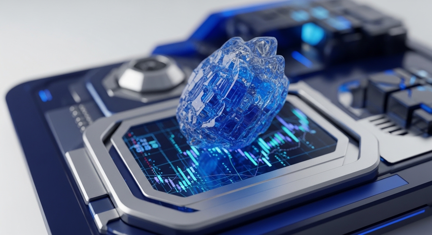 A striking, translucent blue crystal with intricate facets is centrally positioned on a high-tech digital display. The display itself features dynamic blue and purple candlestick charts against a grid, showcasing complex data visualizations