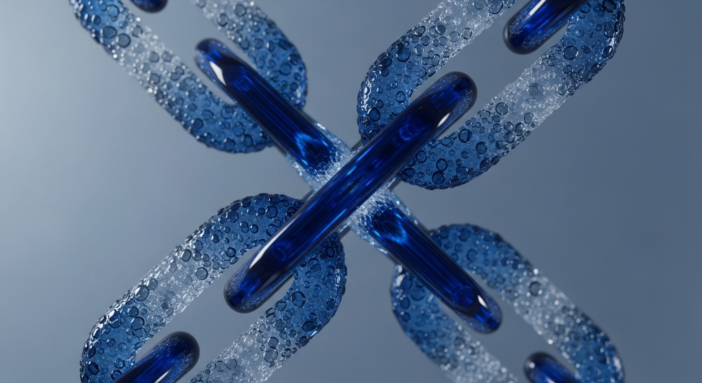 The image features several abstract, interconnected chain links against a soft blue-grey background. Some links are clear blue with a textured, bubbly appearance, while others are smooth, dark blue, and highly reflective
