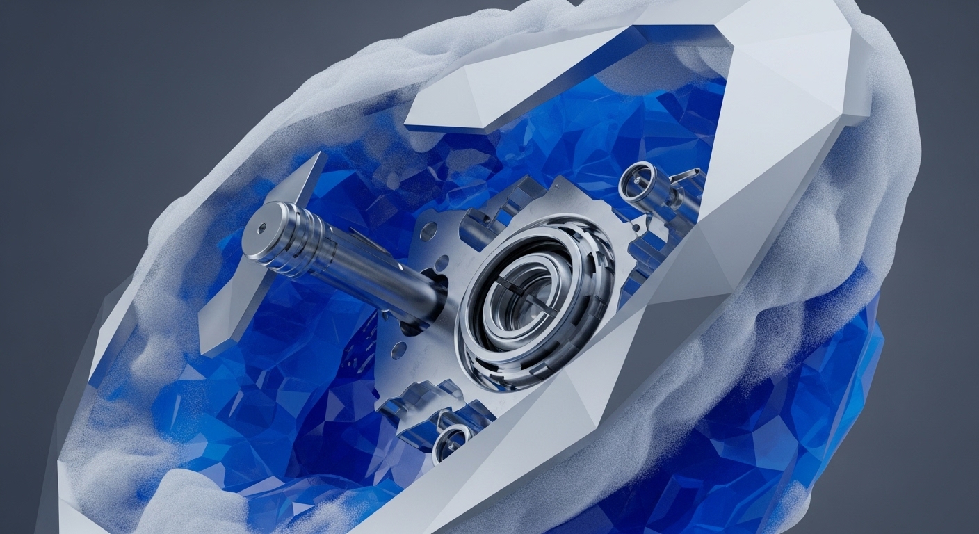 A detailed metallic mechanism, resembling a precision gear or bearing assembly, is centrally positioned and partially visible through a fractured blue crystalline structure. A fine white granular substance coats parts of the outer faceted white shell