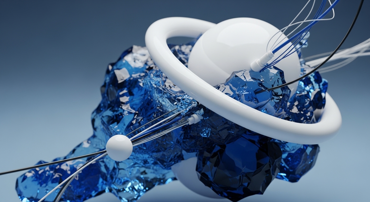 A pristine white sphere, encircled by a smooth ring, anchors a cluster of faceted, translucent blue crystals, set against a serene blue backdrop. Thin white, blue, and black data conduits extend from the sphere, connecting to smaller nodal points amidst the crystalline structures